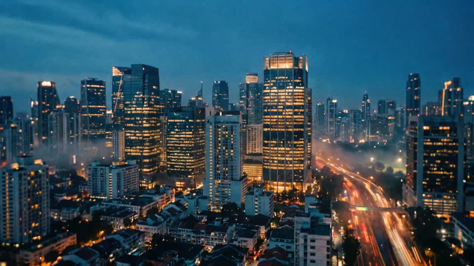 A city at dusk, thousands of office windows still lit